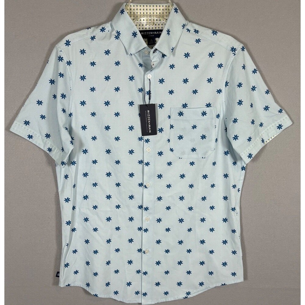 NWT Mizzen Main Leeward Performance Shirt Mens S Blue Floral AOP Button Up